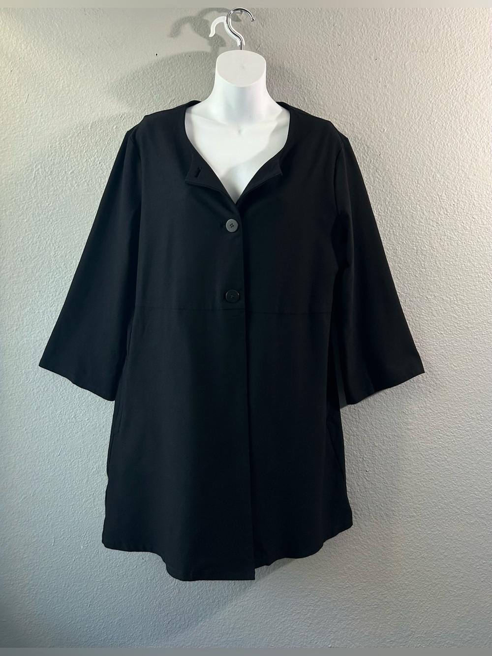 EILEEN FISHER Large Black Button Up Jacket Coat Long Blazer Career Casual